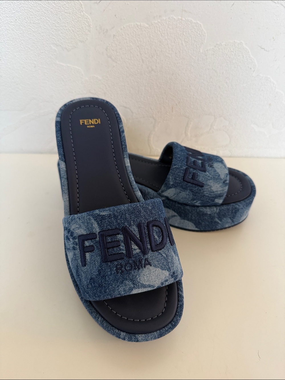 Fendi Sunshine Blue Denim Embroidered Platform Slides NWT Size 38